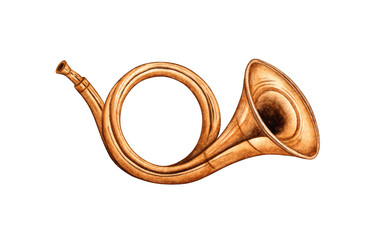 Watercolor illustration of a bugle wind musical instrument isolated from background. Musical instrument on the theme of music, hobby, learning. For the design of a postcard, poster, book cover, album