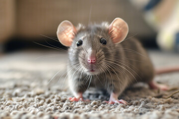 Inquisitive rat on textured carpet, close-up