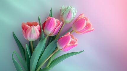 Tulips with various colors lying on a background with soft pastel gradient. Mothers day concept. Wedding concept.	