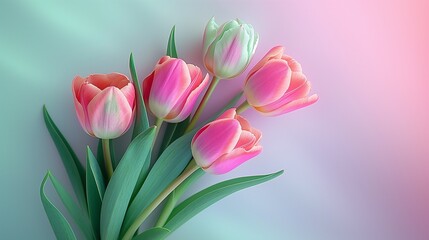 Fototapeta premium Tulips with various colors lying on a background with soft pastel gradient. Mothers day concept. Wedding concept. 