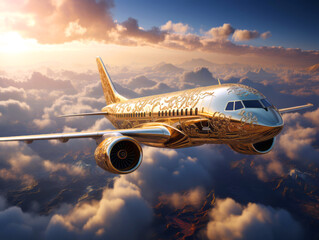 Golden airplane flies in blue sky with dramatic clouds. Concept of passenger airline companies,...