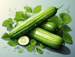 Realistic cucumber with green stem leaves and flower. Vector organic vegetable package design element. Healthy fresh cucumber slices with haulm. Agricultural product, seeds design.