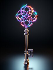 Intricate magic iridiscent glowing key. Unlock the future concept.