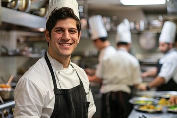 Happy male chef posing with coworkers in a busy restaurant kitchen - obrazy, fototapety, plakaty