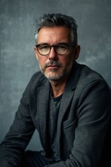Fototapeta premium Portrait of a distinguished mature man with glasses and stubble against a textured background