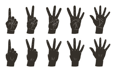 Counting hands silhouettes. Hand palms count gestures, counting from one to five gestures flat vector illustration set. Human hands with countdown gestures