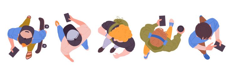 Men walking top view. Walking male characters, moving diverse people group view from above, guys strolling flat vector illustration set. Cartoon men top view