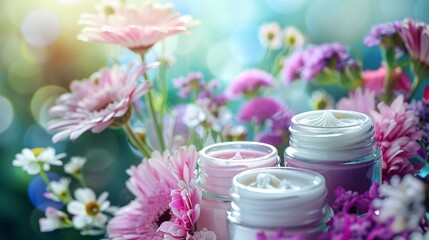 Obraz na płótnie Canvas Skincare Collection. Skincare Collection in Blossom. A vibrant display of floral-infused skincare creams in harmony with a burst of colorful spring blossoms, capturing the essence of botanical beauty.