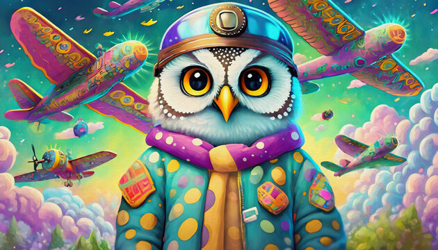 OIL PAINTING STYLE CARTOON CHARACTER Multicolored cute baby A owl in a pilot costume, 