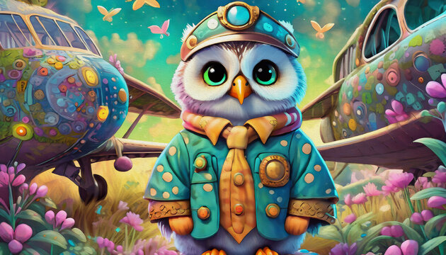 OIL PAINTING STYLE CARTOON CHARACTER Multicolored cute baby A owl in a pilot costume, 