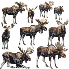 Clipart illustration featuring a various of moose on white background. Suitable for crafting and digital design projects.[A-0002]