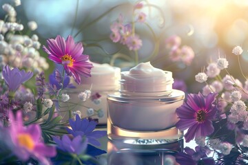 Skincare Collection. Skincare Collection in Blossom. A vibrant display of floral-infused skincare creams in harmony with a burst of colorful spring blossoms, capturing the essence of botanical beauty.