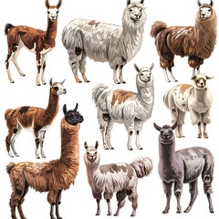 Clipart illustration featuring a various of llama on white background. Suitable for crafting and digital design projects.[A-0001]
