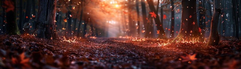 Mystical autumn forest with red leaves and bright sun rays