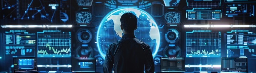 A man standing in front of a large screen with a globe of the world in the center and a lot of data and graphs. - obrazy, fototapety, plakaty