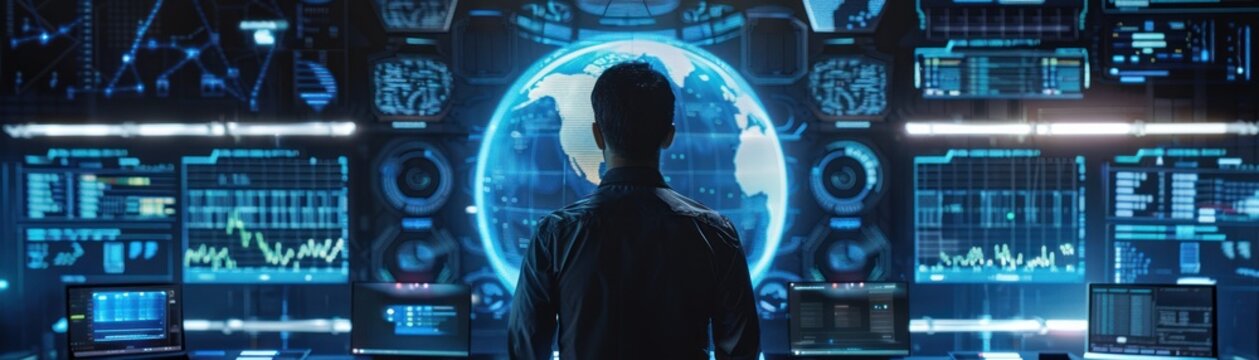 A Man Standing In Front Of A Large Screen With A Globe Of The World In The Center And A Lot Of Data And Graphs.