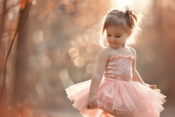 An adorable girl in a tutu dress, striking a graceful pose on her tiptoes.