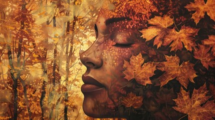 An ethereal portrait of a woman made of autumn leaves