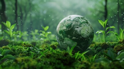 Green plants growing around a globe with a focus on sustainability and the environment.