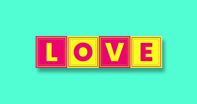 3D kinetic typography with words hate, love. Animation of rotating 3D cubes with words hate and love