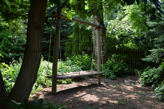 A peaceful garden with a swing waiting for the baby's first outdoor adventures.