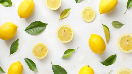 Fresh Lemons and Green Leaves Isolated on White Background