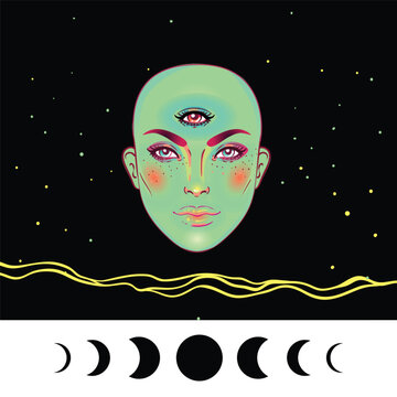 Portrait of mystic girl with three eyes. Vector illustration of a witch mutant. Monster with three eyes.