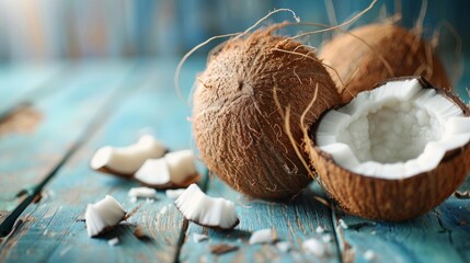 Tender, creamy, and encased in a hard shell, coconuts are a tropical treat rich in nutrients like electrolytes and healthy fats. - obrazy, fototapety, plakaty