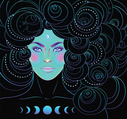 Mystic girl with green face, head of the clouds with moon and stars. Concept of inner reality, mental health, imagination. Female portrait of night goddess. Isolated vector illustration. - 784126032
