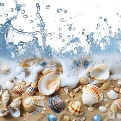 border. . shells, sand, sea. coastal wave. White background. water drop splashes. frame. concept vacation, travel, tropics. sandy beach, ocean wave, water splashes,