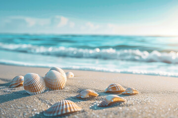 Fototapeta na wymiar A peaceful ocean view with seashells scattered on the sand.