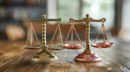Two Scales of Justice Balancing on Wooden Table in Legal Conceptual Image