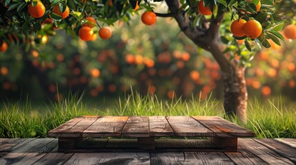 Wooden podium at a farm with an orange tree and grass. Perfect for displaying food, perfumes, and other products.