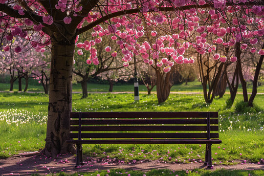A peaceful park bench under a blooming cherry blossom tree.