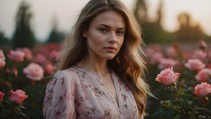 A Caucasian woman walks in a pink dress amidst roses