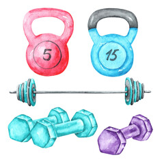Sports dumbbells, weights, barbell watercolor illustration. Sports and fitness. Sport equipment. Gym, training. Illustrations isolated. Bright colors. For printing on stickers, cards, posters