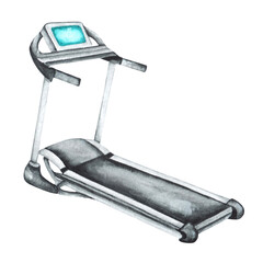 Treadmill watercolor illustration. Exercise machine. Sports and fitness. Gym, training. Sport equipment. Illustration isolated. For printing on stickers, cards, posters