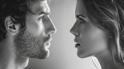 Man and woman looking at each other with serious expression on their faces - obrazy, fototapety, plakaty