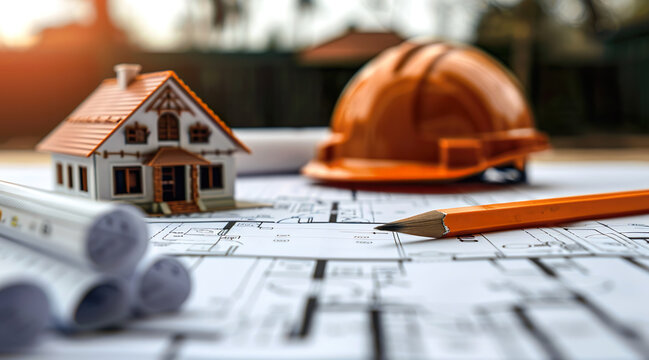Construction project, plans, mini house, protective helmet