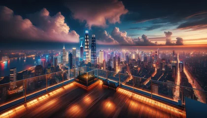 Foto op Canvas cityscape at night, seen from a luxurious rooftop terrace. The wooden floor of the terrace leads to a glass © Henry