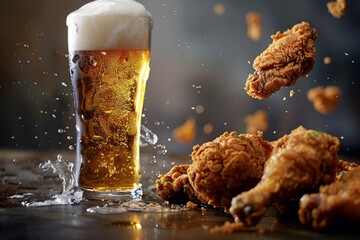 Fried chicken with beer - obrazy, fototapety, plakaty