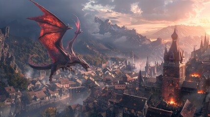 A dragon is flying over a medieval city with a castle and mountains in the background - obrazy, fototapety, plakaty