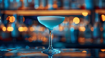 Elegant blue cocktail in a fancy glass on a bar counter with blurred background - obrazy, fototapety, plakaty