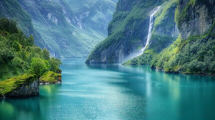 Mesmerizing fjord landscape with cascading waterfall and lush greenery