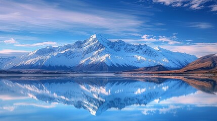 Mountain range reflecting in clear blue lake under blue sky with white clouds