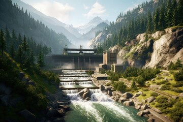 Hydroelectric Power Plant at Mountain Waterfall