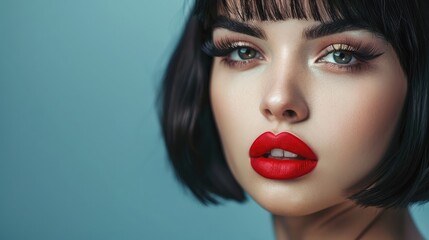 Fototapeta premium Beautiful brunette girl with red lips and black bob hairstyle. Pretty young woman with black hair. Closeup portrait of a model with bright makeup on a face. Fashion portrait of a pretty lady.