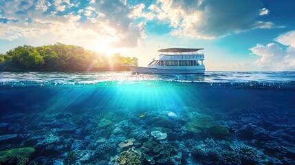 beautiful sunlight seaview safari dive boat in tropical sea with deep blue underneath splitted by waterline. Design template - obrazy, fototapety, plakaty