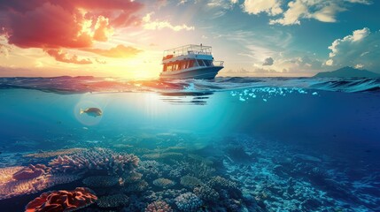 beautiful sunlight seaview safari dive boat in tropical sea with deep blue underneath splitted by...