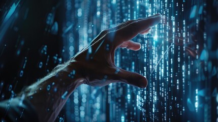 Big data technology and data science with person touching data flowing on virtual screen. Business analytics, artificial intelligence, machine learning. Engineer or scientist analyzing stream of data.